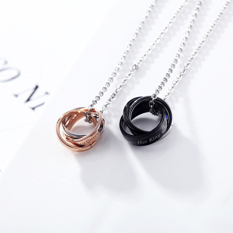 1. Planderful Three Rings Pendant Necklace for Couples in Stainless Steel with Zircon Crown Motif