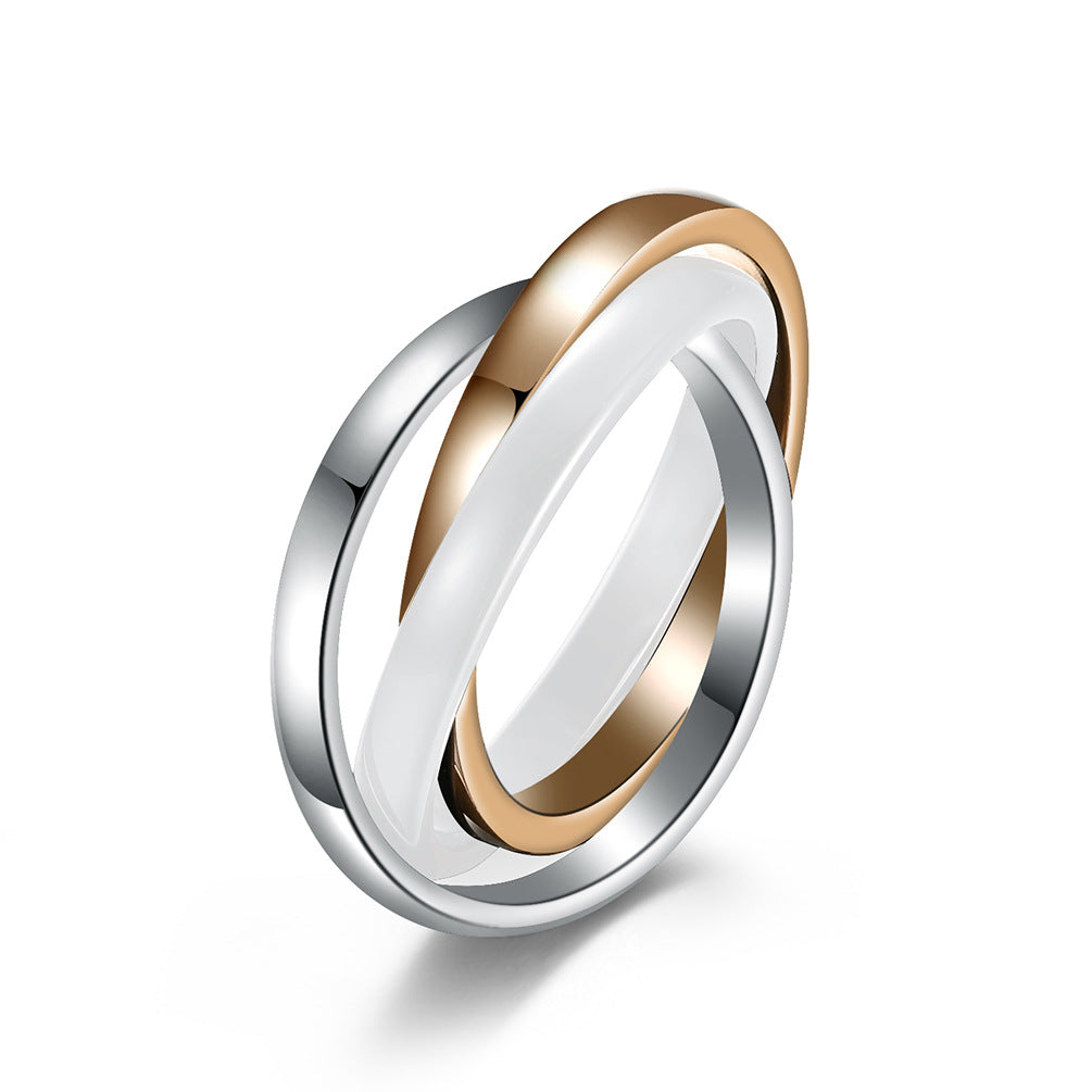 Stainless Steel Ceramic Three-Ring Three-Color Gender-Neutral Interlocking Three