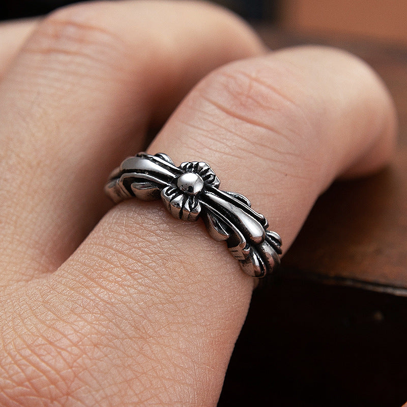 Long Cross Flower Open Titanium Steel Ring for Men