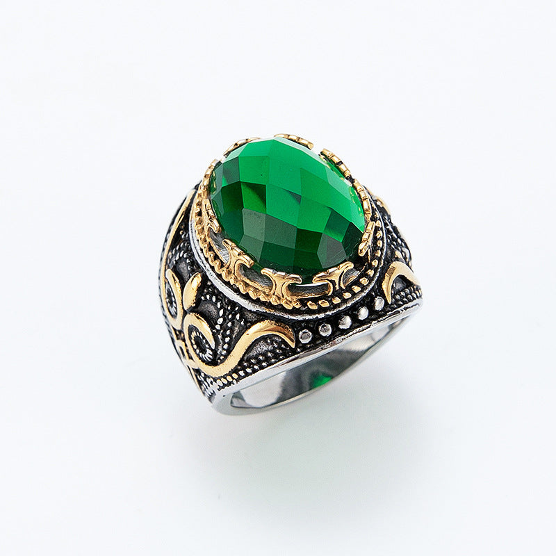 Green Zircon Ring Unisex Stainless Steel Retro Court Style Jewelry By Planderful Bold Statement