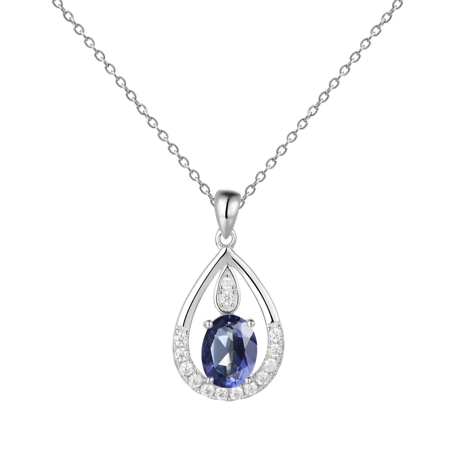 Water Droplet Pendant Oval Natural Gemstone Silver Necklace