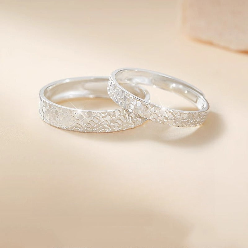 Planderful Sterling Silver Crushed Ice Couple Ring Unisex Adjustable Band For Lovers Festival Gift