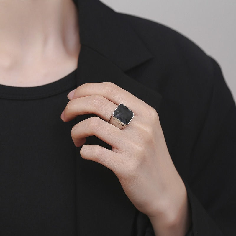 Stainless Steel Ring – Minimalist Black Epoxy Inlay Square Mens Ring For Everyday Wear