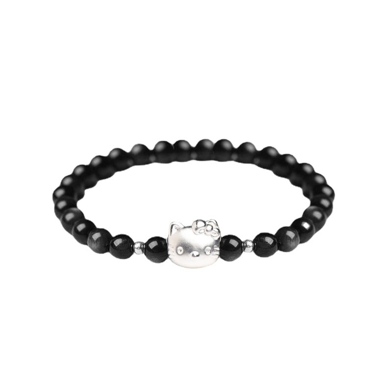 Silver Fortune's Favor Hand-Woven Bracelet with Sterling Silver KT Cat