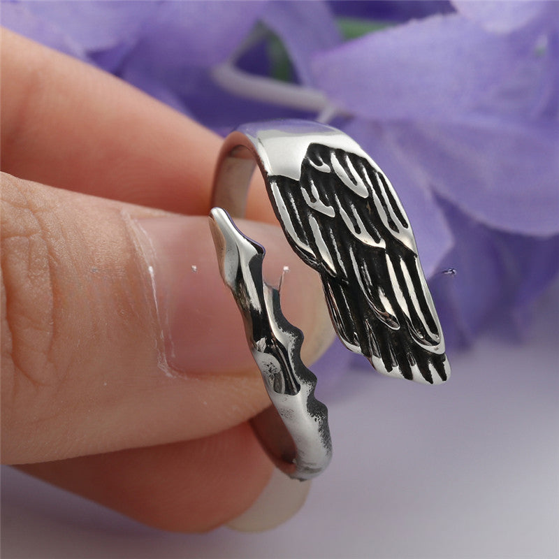 Titanium Steel Retro Wing Feather Ring for Men - Trendy Animal Accessories