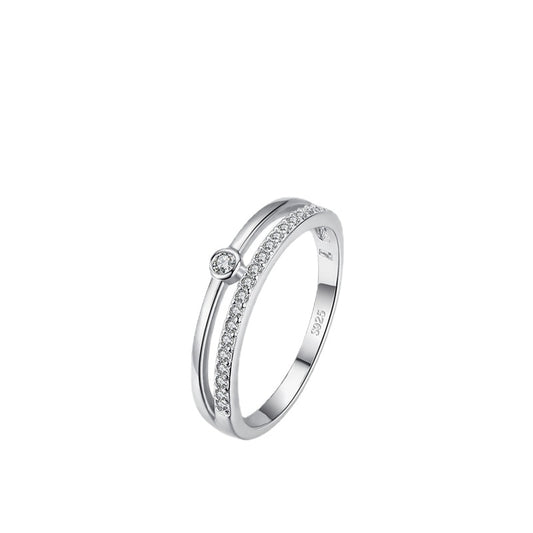 Women's Layered Japanese and Korean Minimalist Sterling Silver Ring with Zircon Gem, Size 5-9