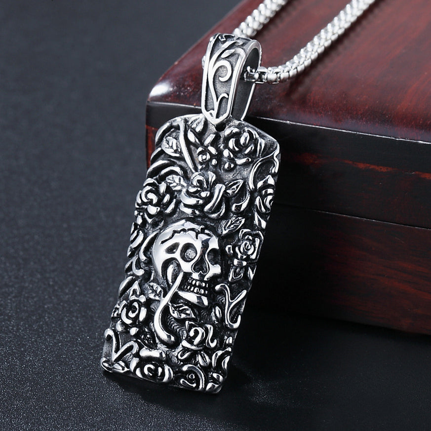 Halloween Skull Roses Rectangle Titanium Steel Necklace for Men
