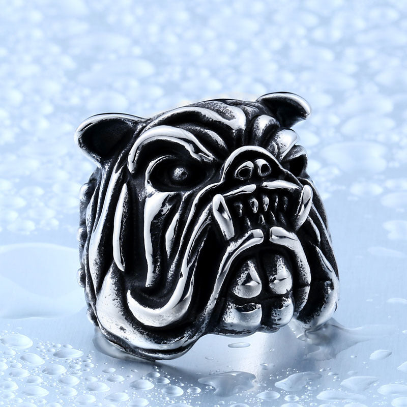 Titanium Steel Men's Bulldog Ring - European and American Animal Jewelry for Wholesale