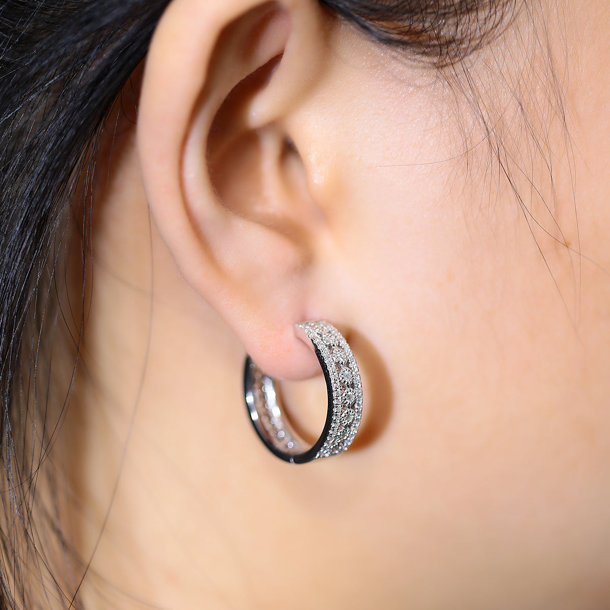 Planderful Moissanite Hoop Earrings 0.74ct Three Row Sterling Silver Sparkling For Women