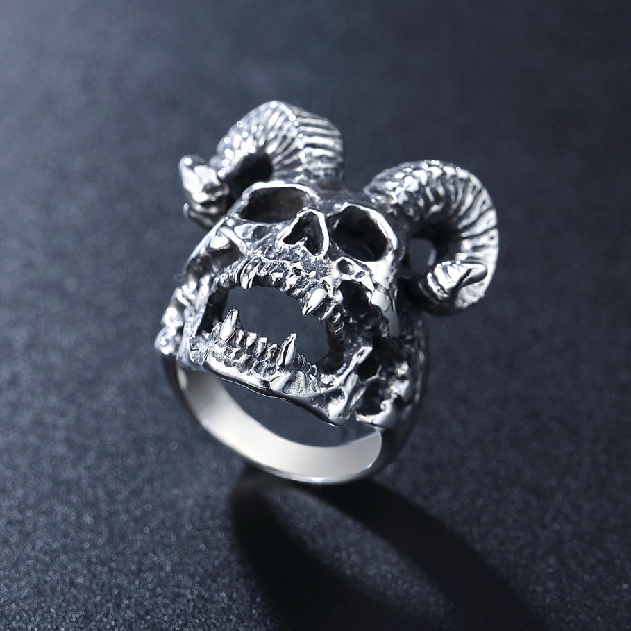 Halloween Monster Sheep Horn Skull Head Titanium Steel Ring for Men