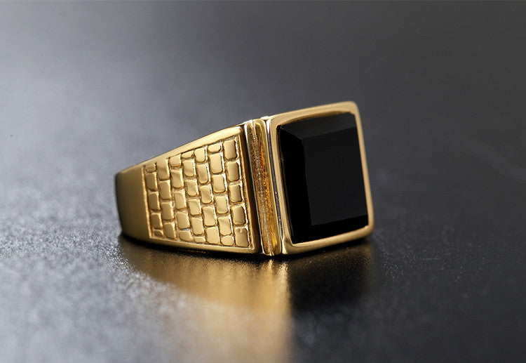 Planderful Black Agate Titanium Ring Gold Plated For Men And Unisex Protection Statement Everyday Genie
