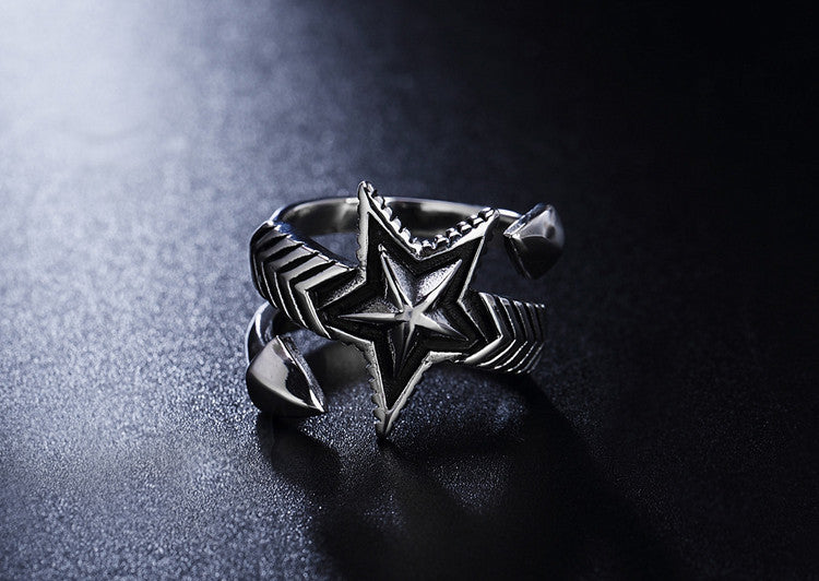 Vintage Distressed Five-Pointed Star Titanium Steel Ring for Men