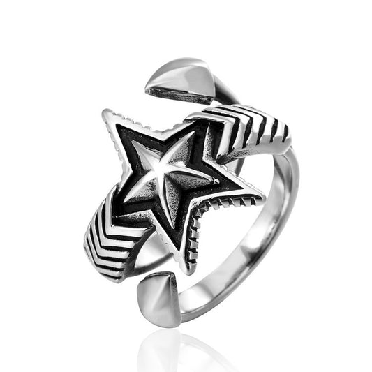 Vintage Distressed Five-Pointed Star Titanium Steel Ring for Men