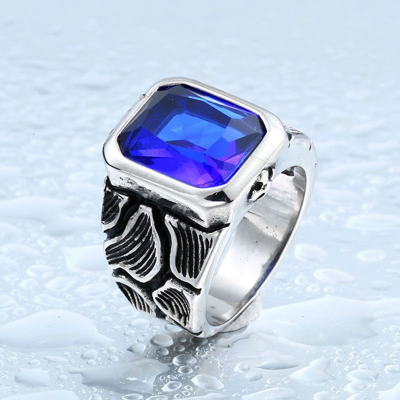 Custom Engraved Stainless Steel Men's Gem Ring - Retro Jewelry Wholesale