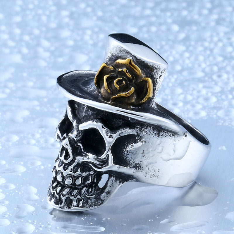 Elegant Magician Rose Skull Stainless Steel Ring for the Daring Man