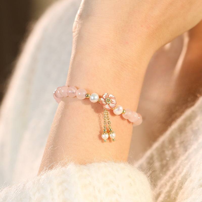 Natural Pink Crystal and Peach Blossom Pearl Best Friend Bracelet
