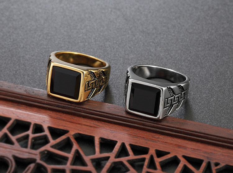 Titanium Steel Ring With Great Wall Pattern Black Stone For Men Unisex Protection Statement By Planderful Everyday Genie