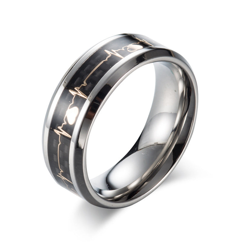 Stainless Steel Electrocardiogram Carbon Fiber Ring – Heartbeat Men's – Men's