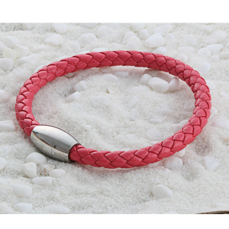 Planderful Leather Rope Bracelet Unisex Cross Pattern With Magnetic Inverted Stainless Steel Buckle Retro Statement