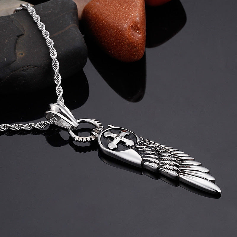 Men's Stainless Steel Angel Wings Cross Pendant - Titanium Steel Design from Europe & America