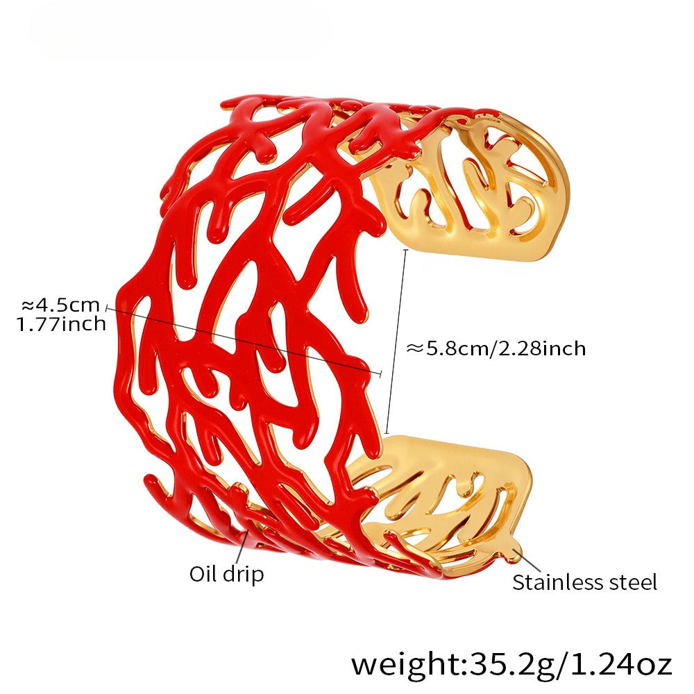 Planderful Bold Gold Plated Open Bracelet Coral Red Women
