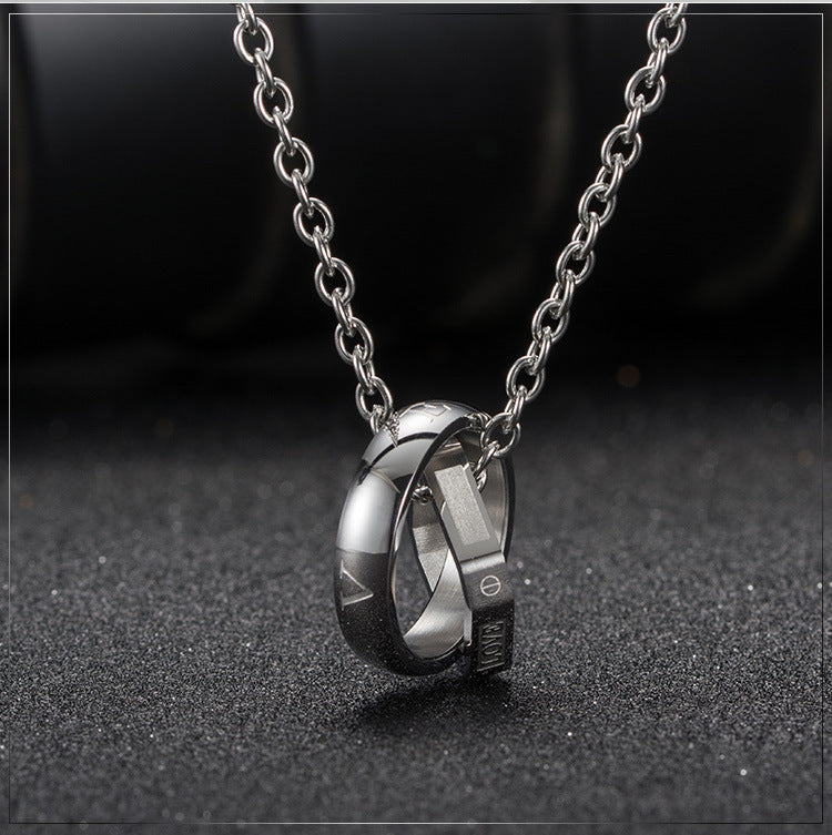 Titanium Steel Square Double Ring Pendant LOVE LIFE Necklace