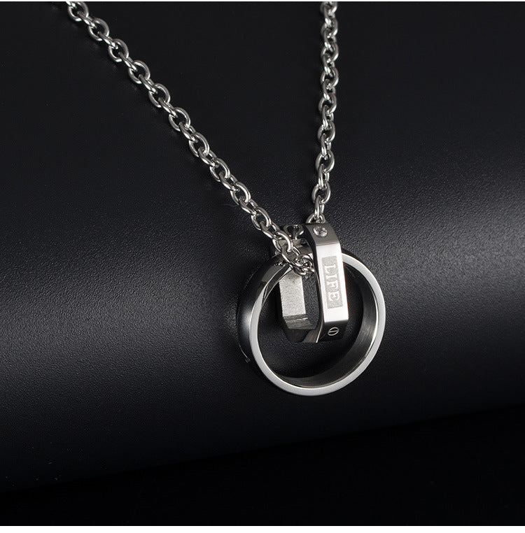 Square Hollow Double Ring Love Life Zircon Necklace for Men