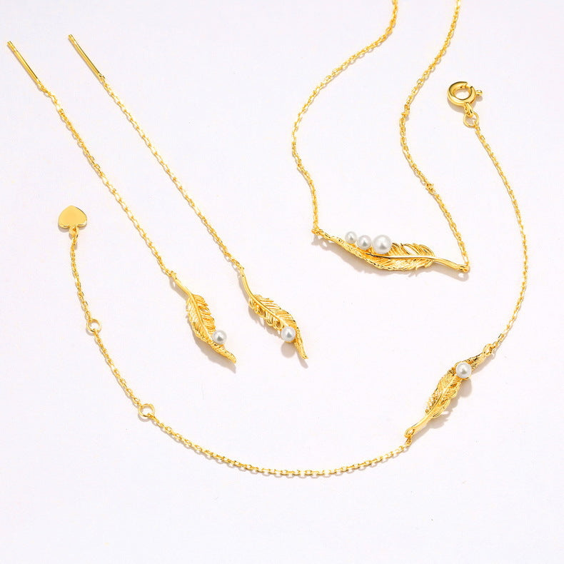 Feather Pendant Pearl Long Tassel Sterling Silver Ear Line Earrings