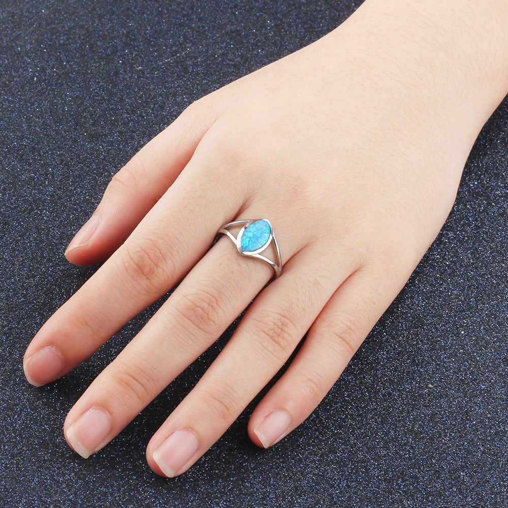 Marquise Shape Blue Opal Split Shank Sterling Silver Ring