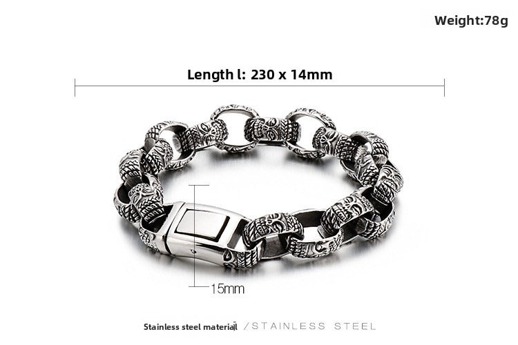 Antique Square Buddha Head Titanium Steel Men's Bracelet