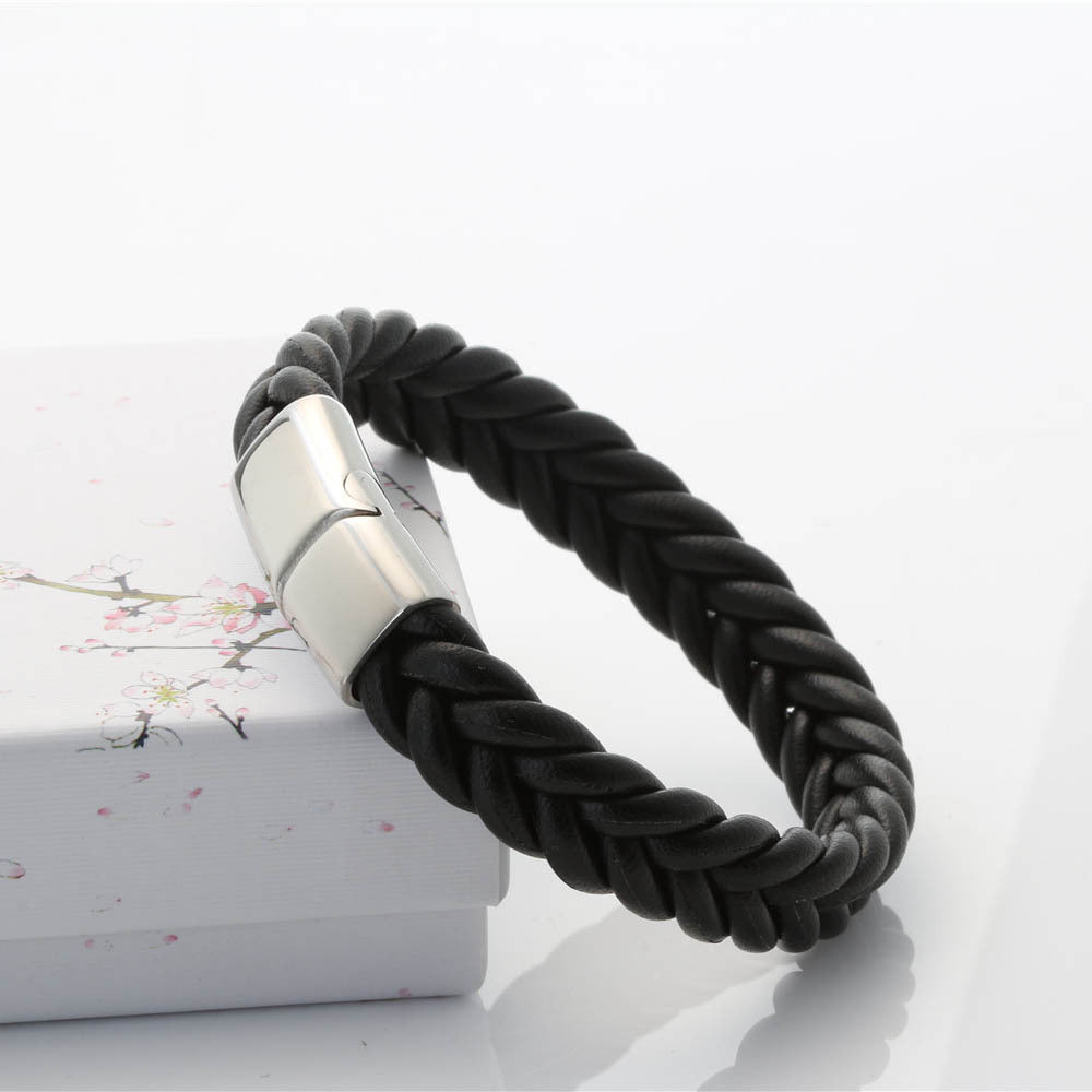 Titanium Steel and Leather Braided Bracelet for Men - Stylish Black Double Root Design