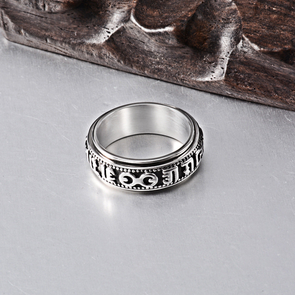 Retro Titanium Steel Six-Character Mantra Ring for Men and Women