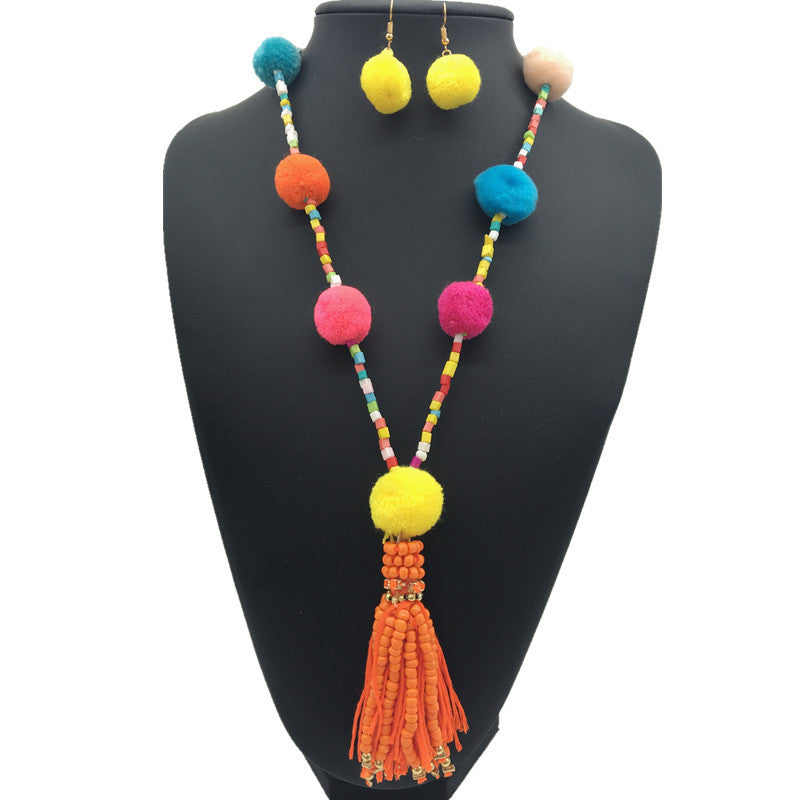 Bohemian Fluffy Tassel Necklace and Earrings Set
