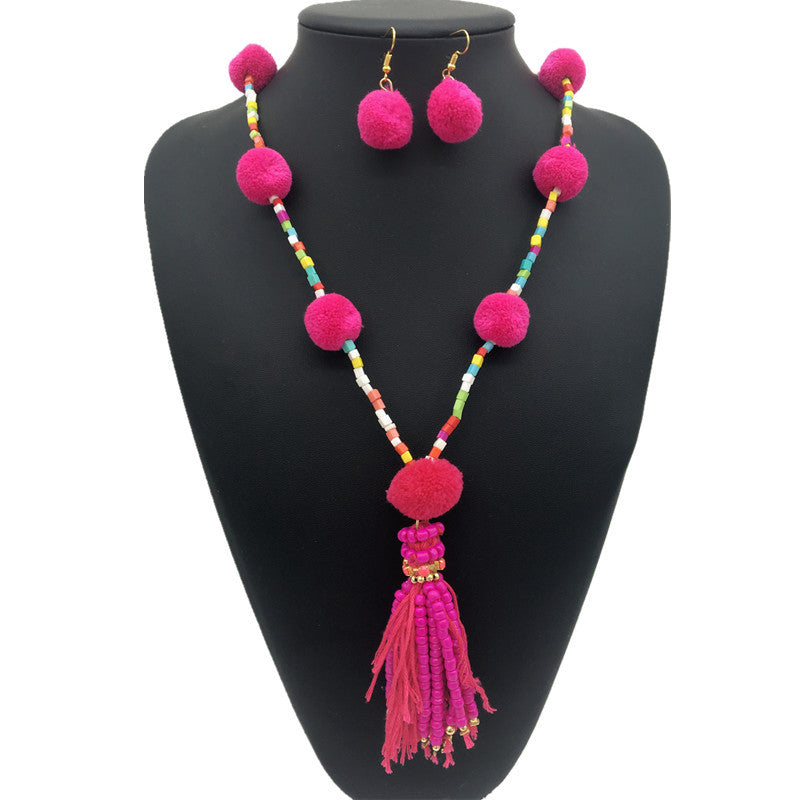 Bohemian Fluffy Tassel Necklace and Earrings Set