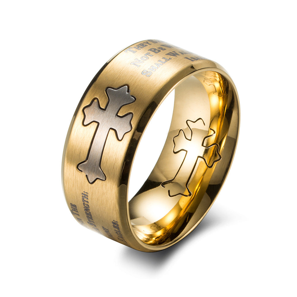 Matte Titanium Steel Cross Ring for Men with Isaiah Lettering