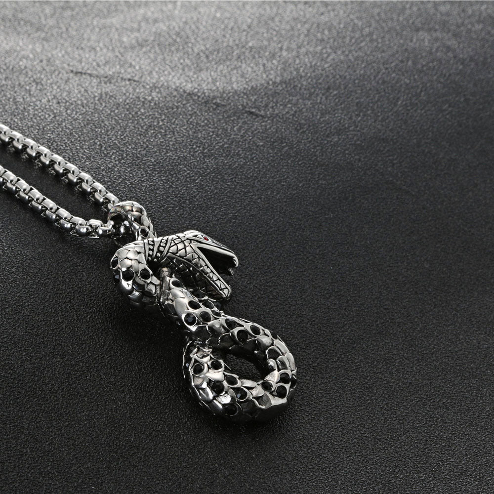 Gothic Snake Pendant in Titanium Steel with Zircon Accents - Retro Religious Accessories for Men