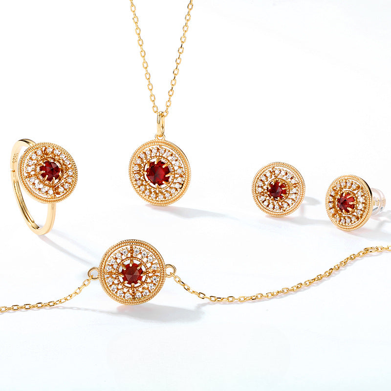 Zircon Disc Round Natural Red Garnet Opening Sterling Silver Ring