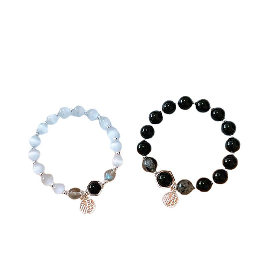 Luxurious Opal and Obsidian Crystal Sterling Silver Bracelets for Couples