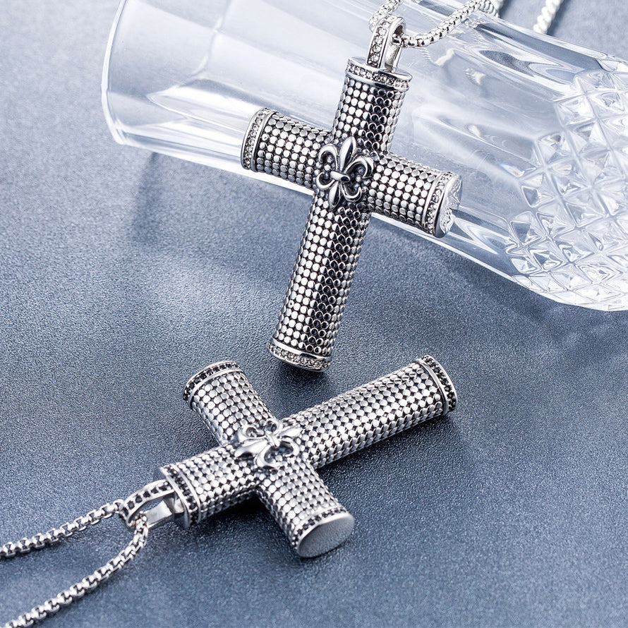 Mosaic Cross Childern Flower Zircon Titanium Steel Necklace for Men