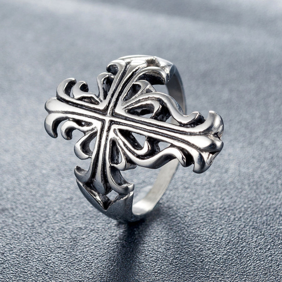 Hollow Long Croix Flower Titanium Steel Ring for Men