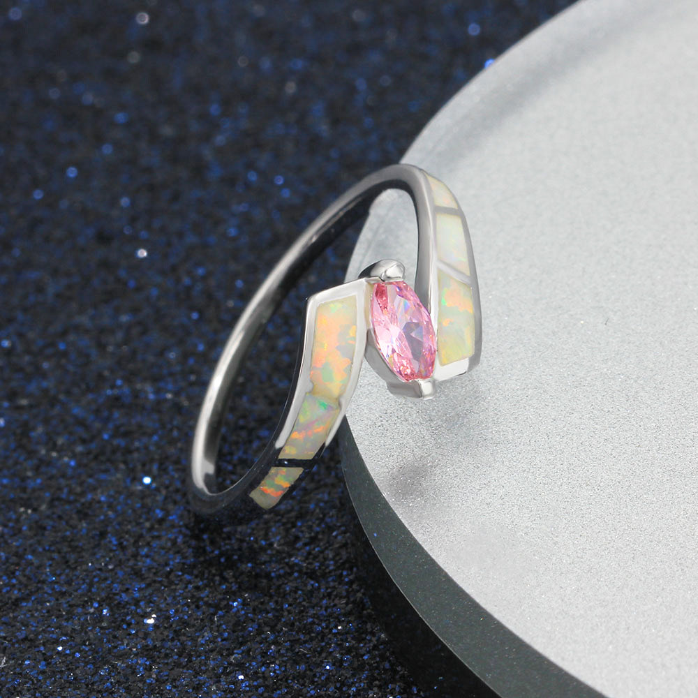 Marquise Shape Pink Zircon Opal Sterling Silver Ring