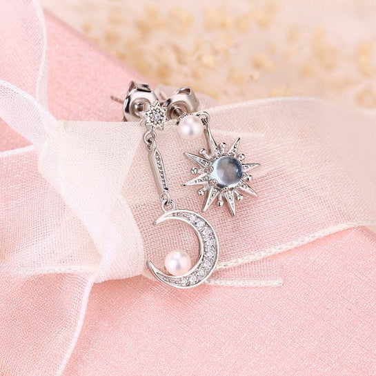 Blue Topaz Star Moon Pearl Zircon Asymmetric Sterling Silver Drop Earrings