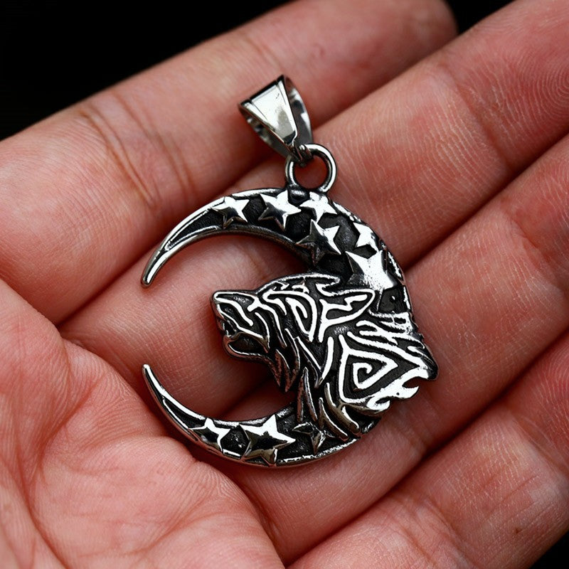 Titanium Steel Retro Wolf Head Pendant with Star and Moon Design for Men