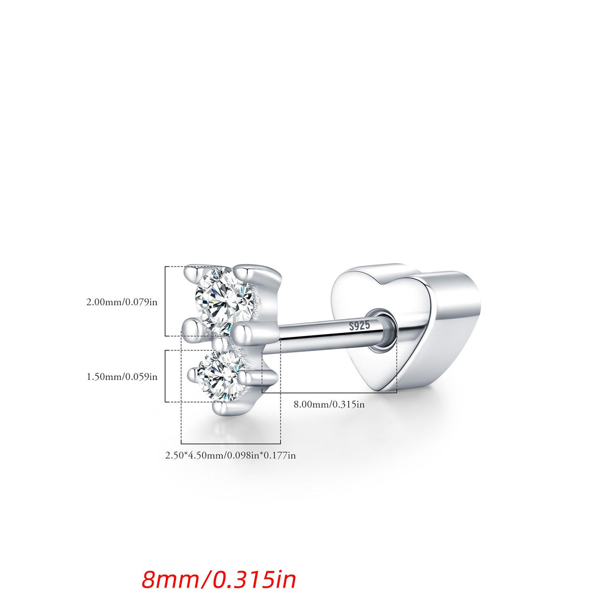 925 Sterling Silver Heart Moissanite Threaded Stud