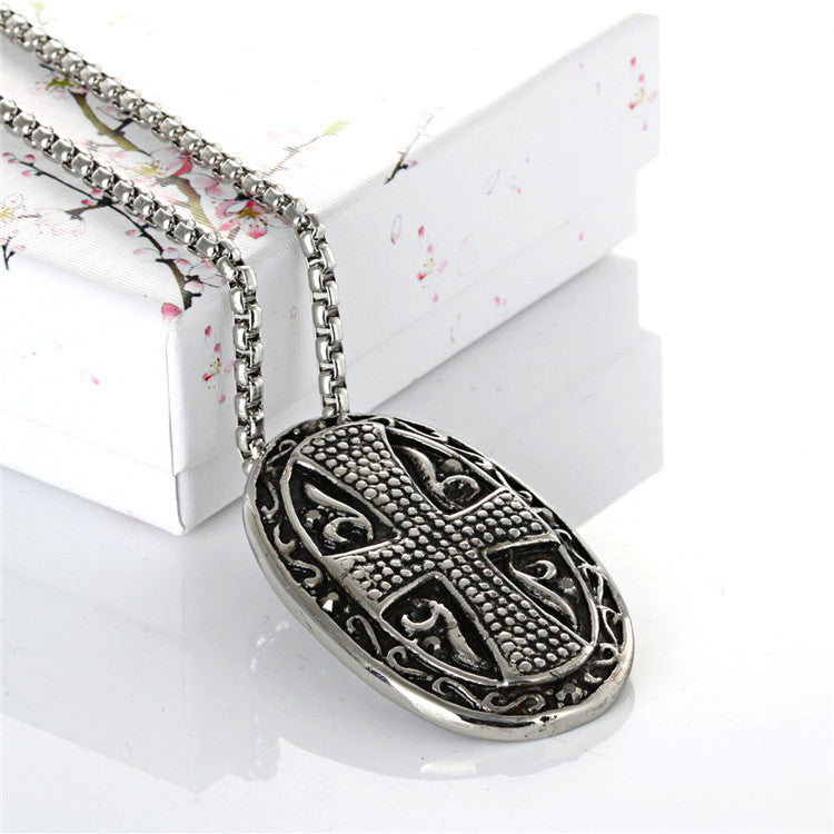 Punk-Inspired Stainless Steel Oval Cross Pendant Necklace for Men - Retro Titanium Steel Engraved Tag
