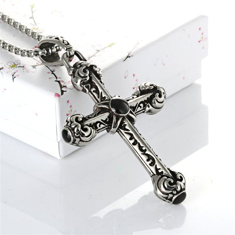 Men's Retro Titanium Steel Engraved Cross Pendant Necklace with Precious Stones, Punk Style Large Tag