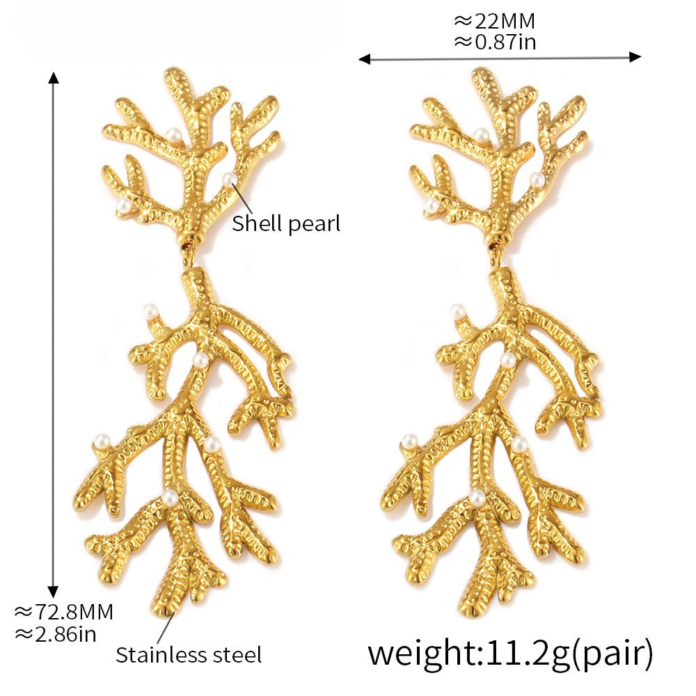 Planderful Red Coral Bead Oil Drop Earrings 18K Gold Women