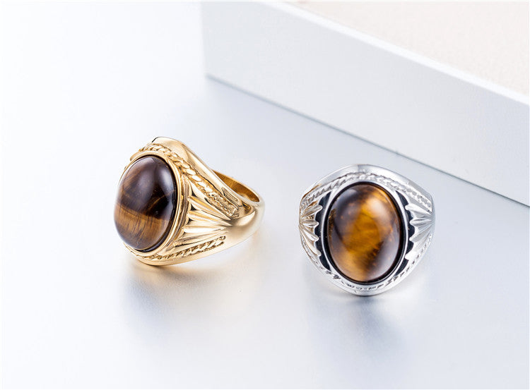Tigers Eye Oval Ring Titanium Steel For Men And Unisex Minimalist Style Protection Statement Planderful