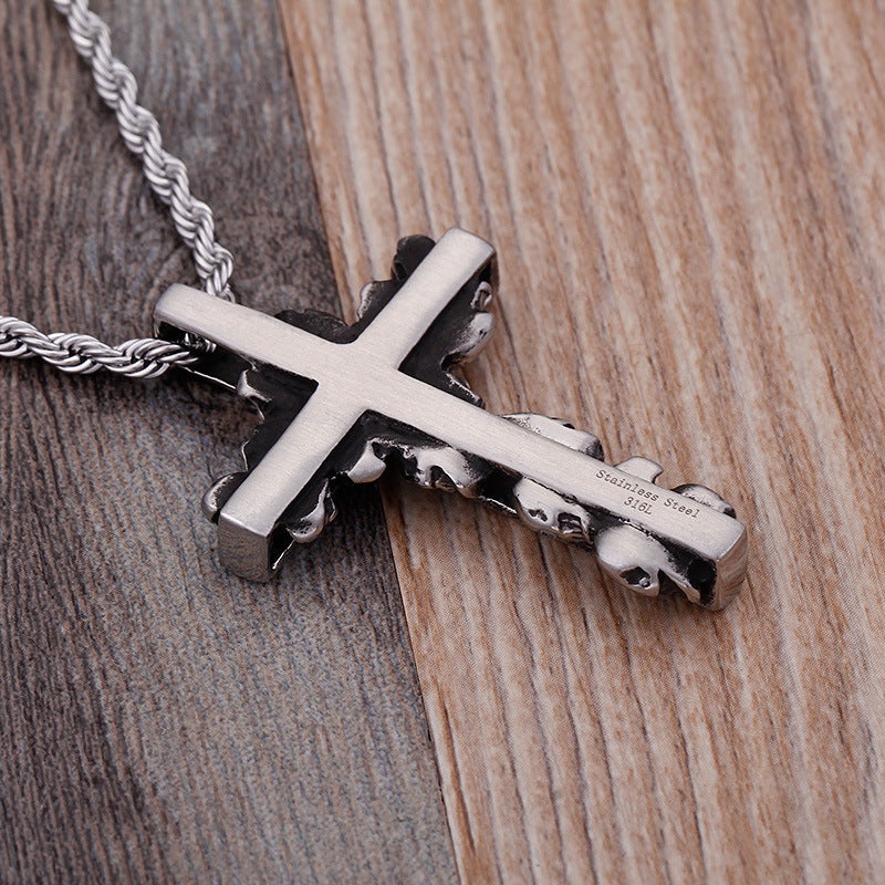 Titanium Steel Men's Cross Pendant with Skull Detail