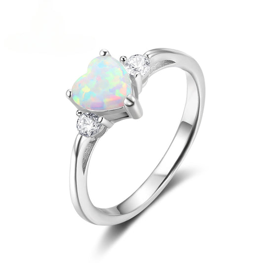 Heart Shape Opal with Two Small Zircon Sterling Silver Ring